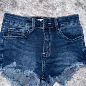 KanCan Dark Blue Frayed Hem Jean Shorts